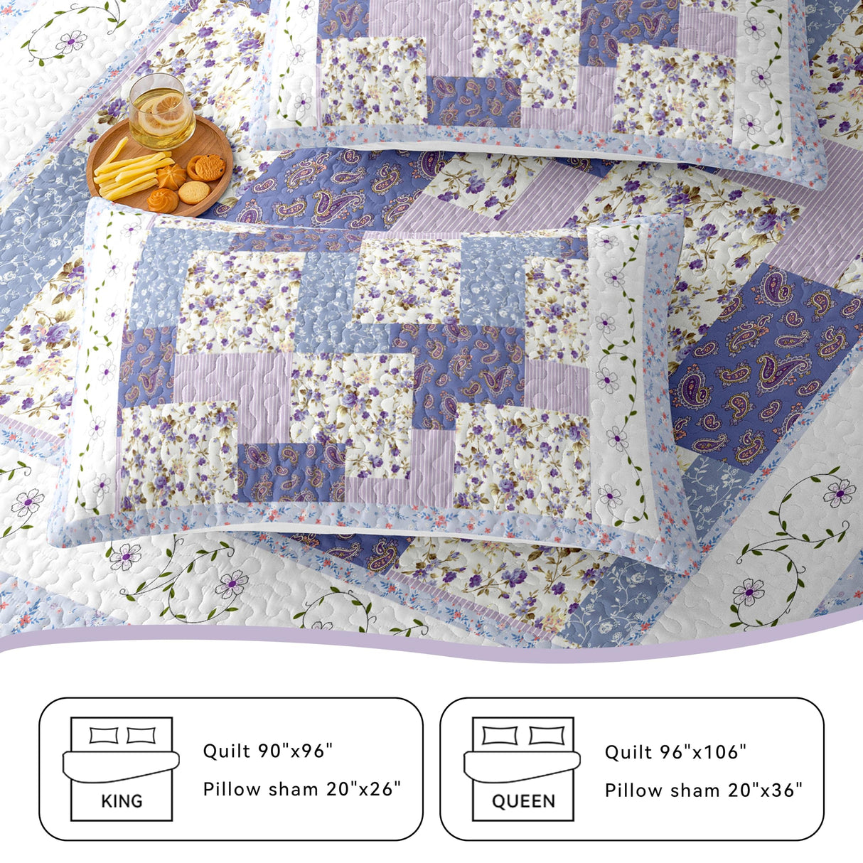 Purple Bedding Sets King - Reversible Microfiber Farmhouse Quilts