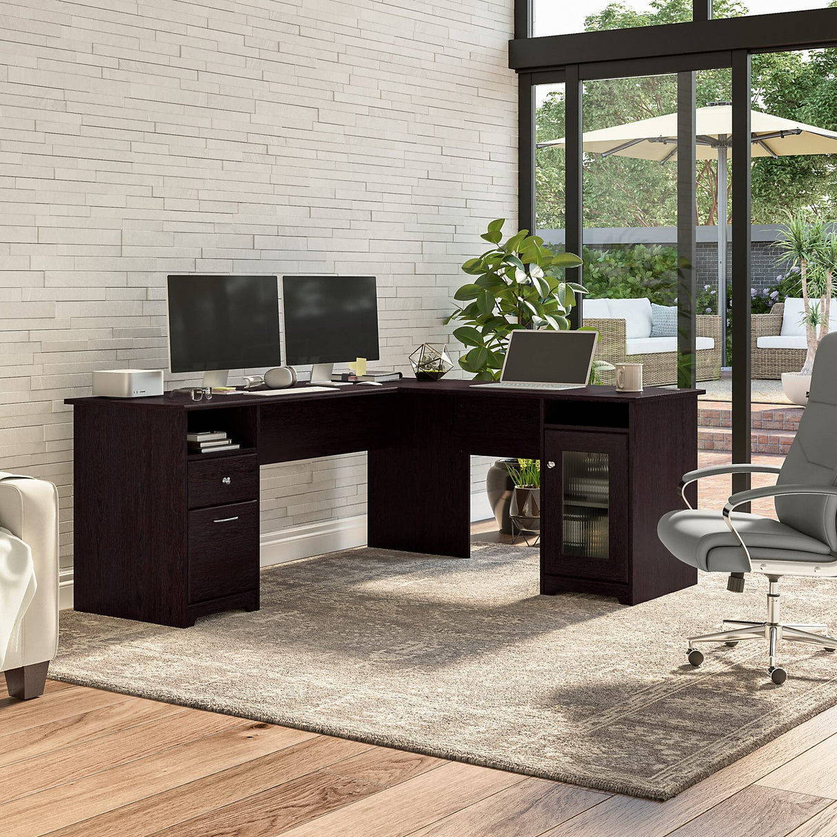 Cabot 72W L Shaped Computer Desk with Storage in Espresso Oak