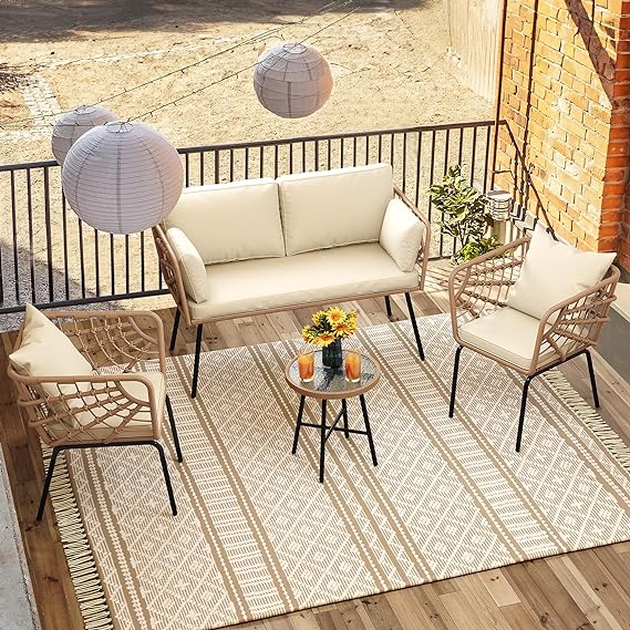 Rattan 4 PCS Patio ,Wicker Conversation Sectional L-Shaped Sofa