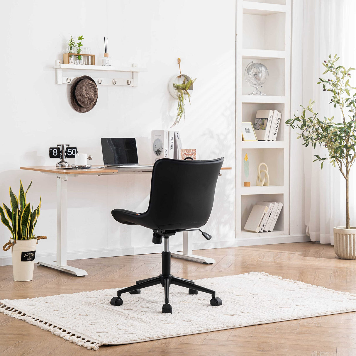 Black Ergonomic Home Office Desk Chair with Wheels Comfy Armless Criss Cross Chair