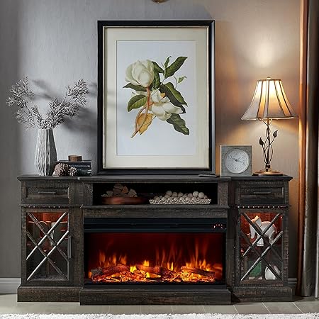 Farmhouse TV Stand with Fireplace, 70'' Entertainment Center Stand with 36" 3-Sided