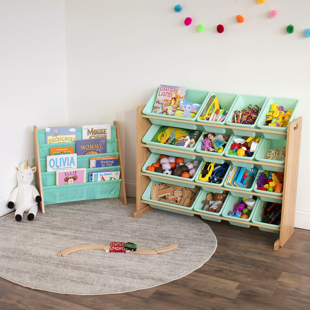 Seafoam Green/Natural Kids Bookshelf 4 Tier Book Organizer