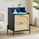 Rattan Nightstand with Charging Station and LED Lights, Bedside Table