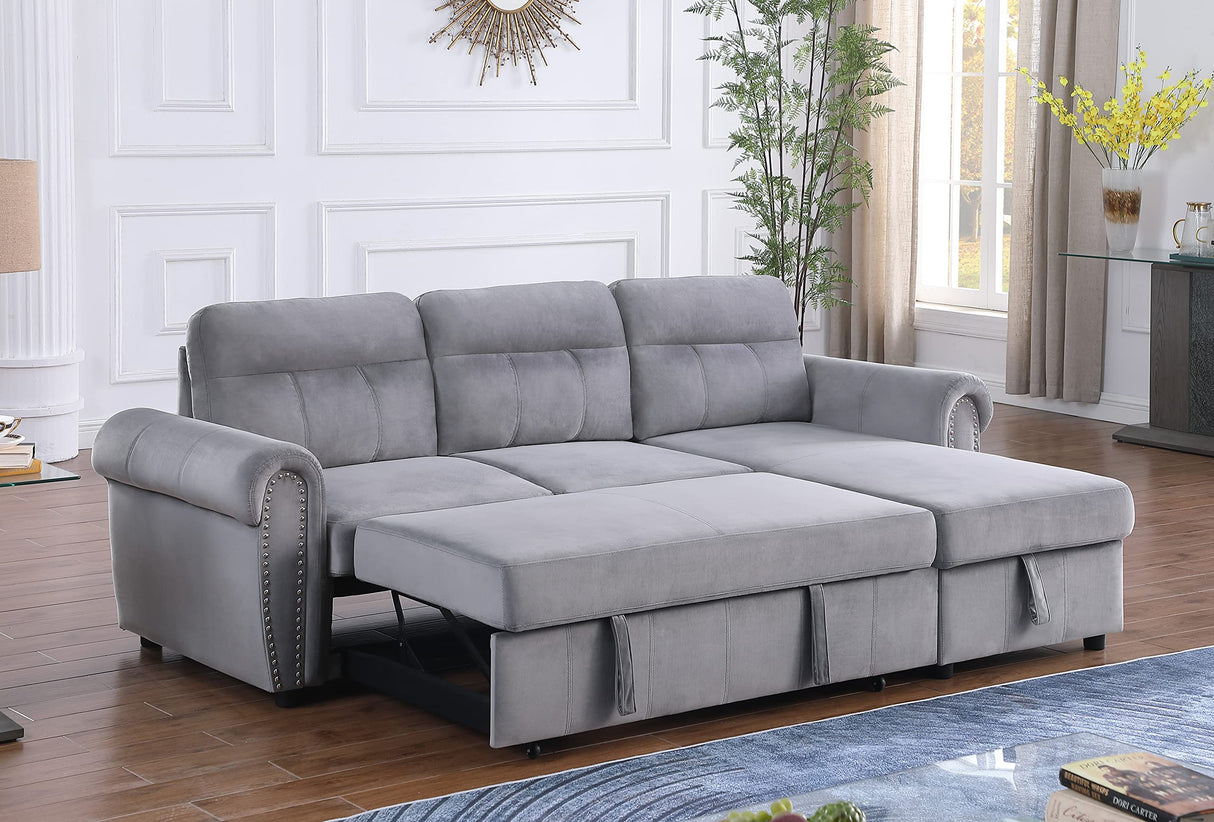 Ashton Gray Velvet Fabric Reversible Sleeper Sectional Sofa Chaise