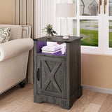 LED Nightstand with Charging Station, Farmhouse Wooden Side Table, Bedside Table