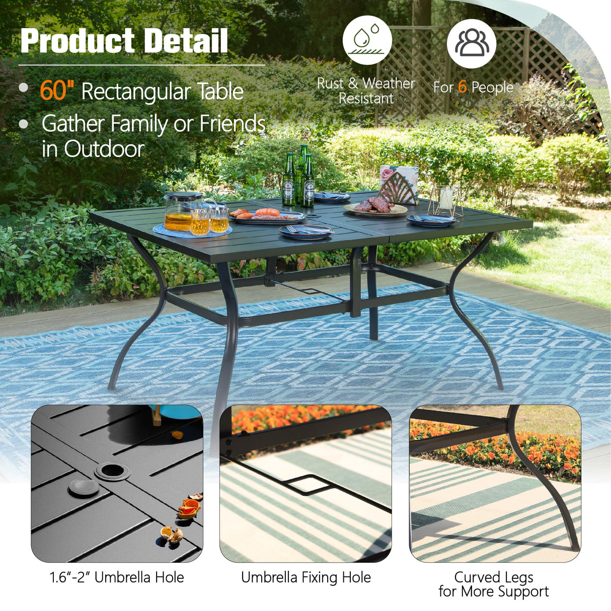 Outdoor Patio Table for 6 People, Rectangular Metal Patio Outdoor Dining Table