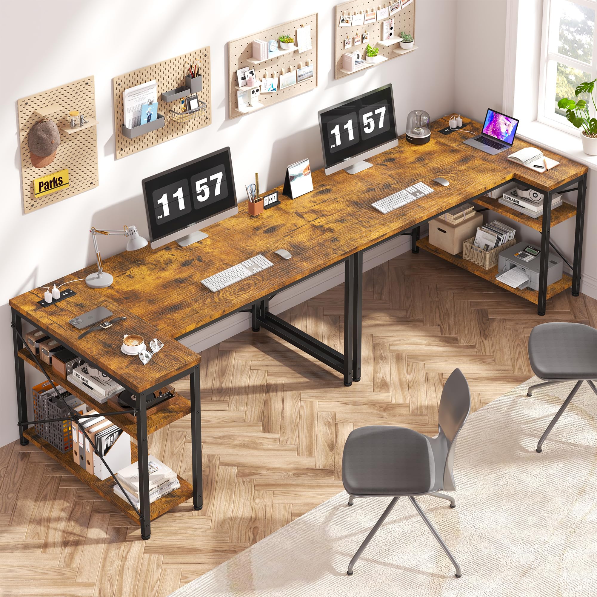 47" Computer Desk with Power Outlets,L Shaped Desk with Storage Shelves