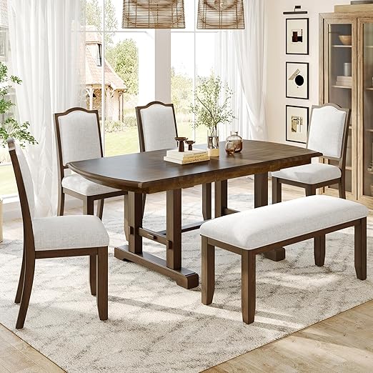 6-Piece Extendable Dining Set - Cherry Wood Table with Upholstered Chairs