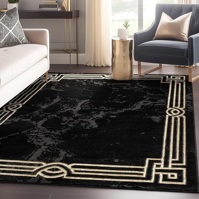 Lezlee Abstract Modern 5'3" x 7'3" Area Rug Black Gold Marble Border - for Living Room,