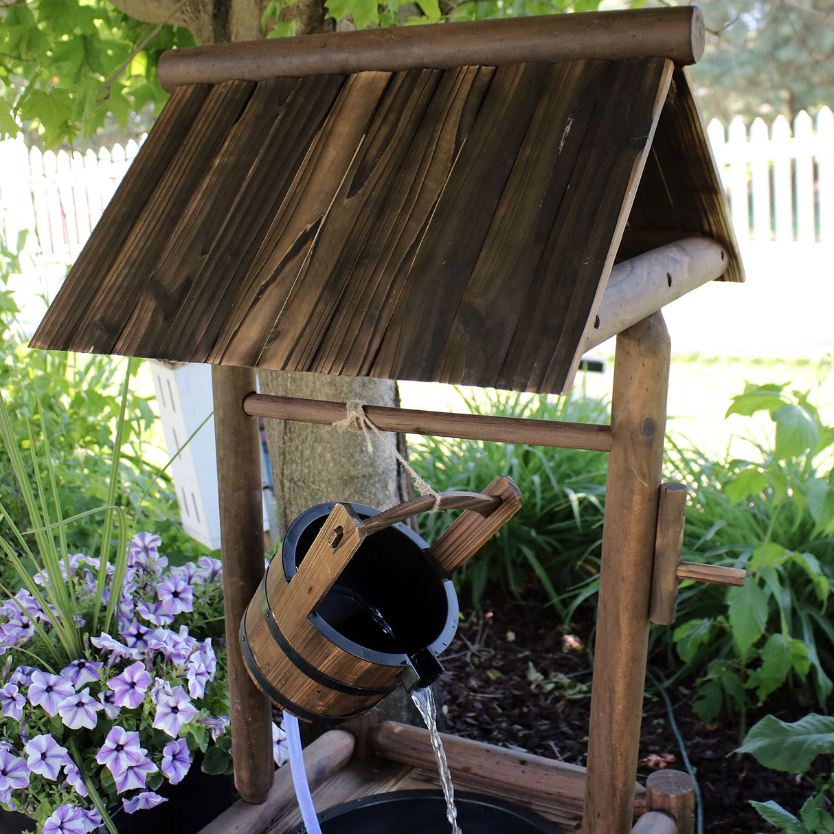 Rustic Wooden Wishing Well Water Fountain - Outdoor Fountain & Backyard Water