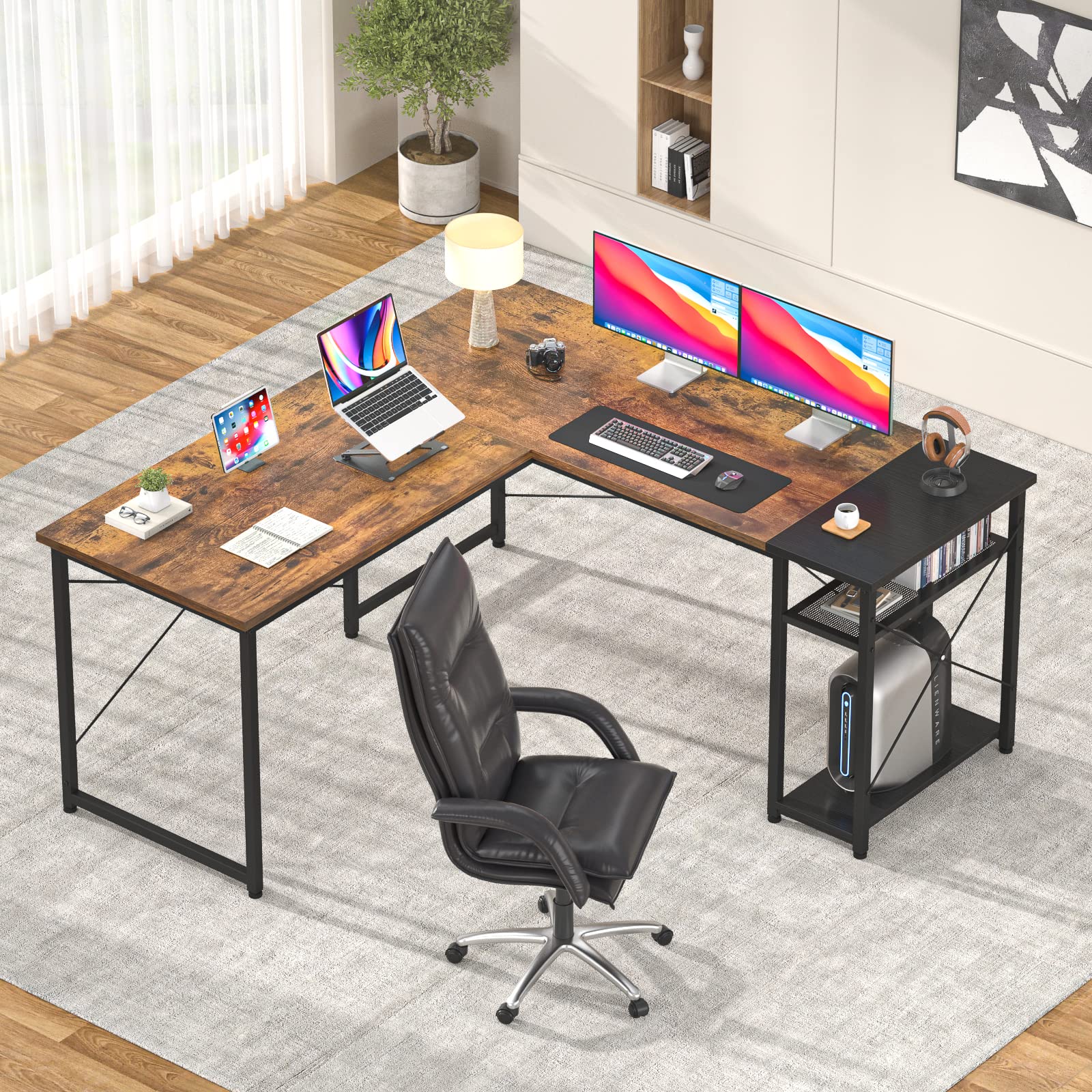 L-Shaped Computer Desk, Industrial Corner Desk Writing Study Table with Storage Shelves, Space-Saving, Large Gaming Desk 2 Person Table for Home Office Workstation, Rustic Brown/Black