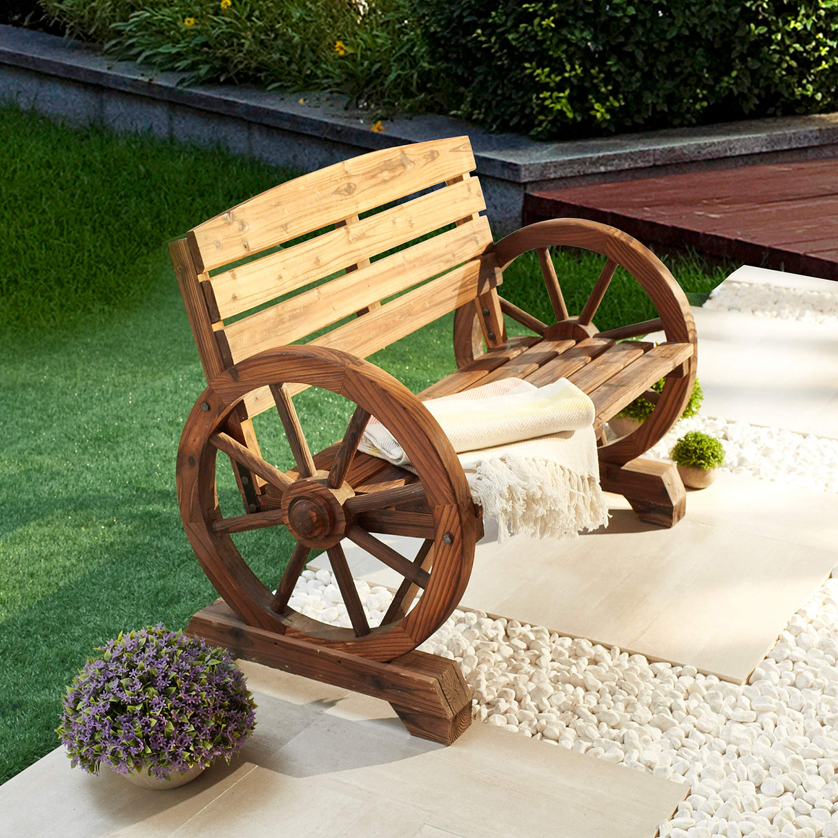 Wooden Wagon Wheel Bench 2-Person Outdoor Rustic Chair Country Yard with Backrest