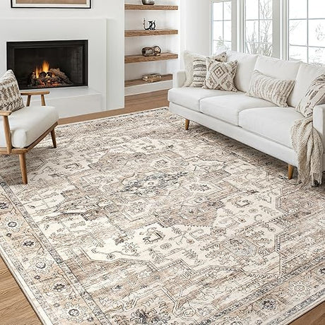 Washable Vintage Area Rug 9x12 - Soft Traditional Rug for Living Room