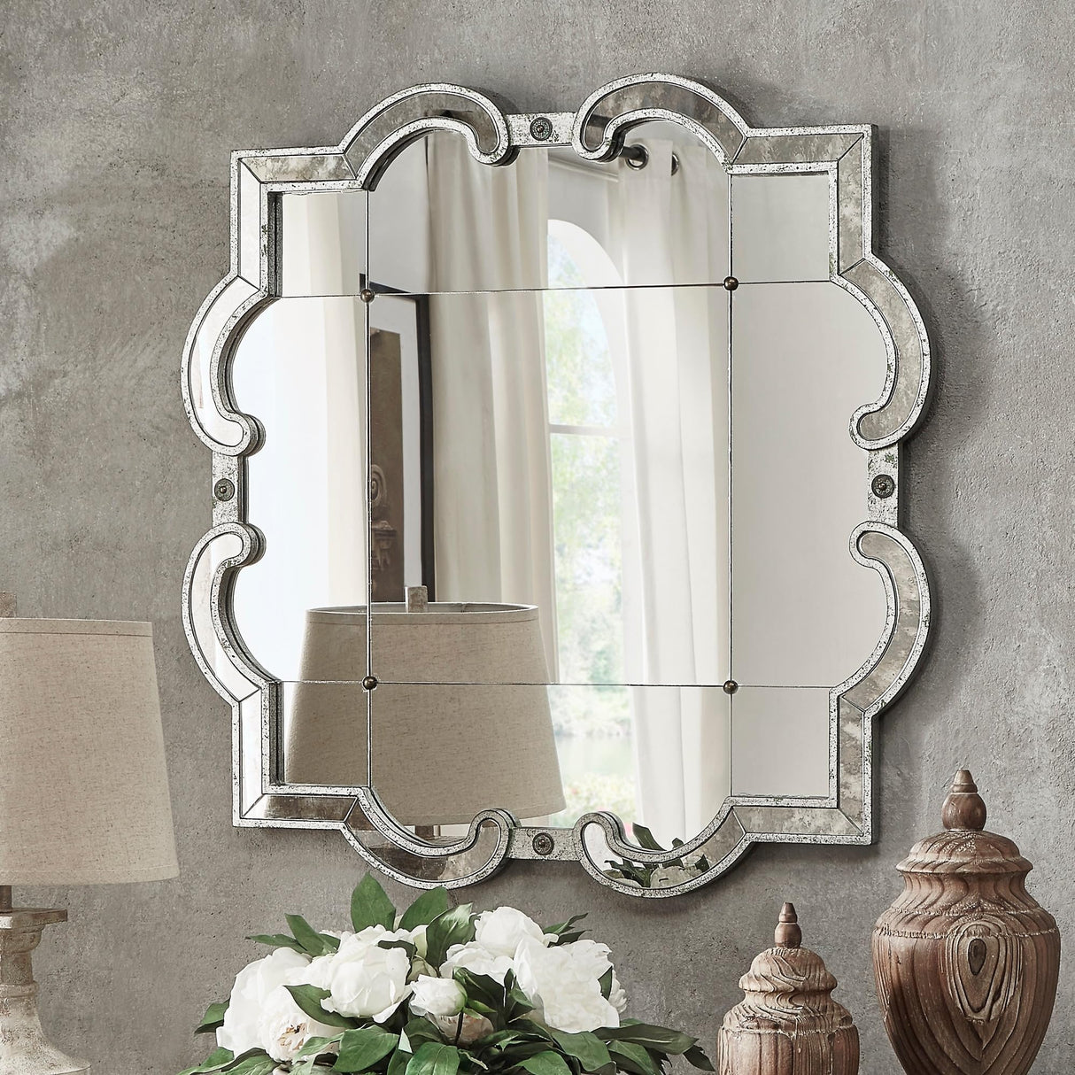 Fantina Antique Silver Paned Wall Mirror by Classic