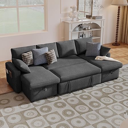 4-in-1 Sofa Bed, U Shaped Sleeper Sofa with Pull Out Bed and Double Storage