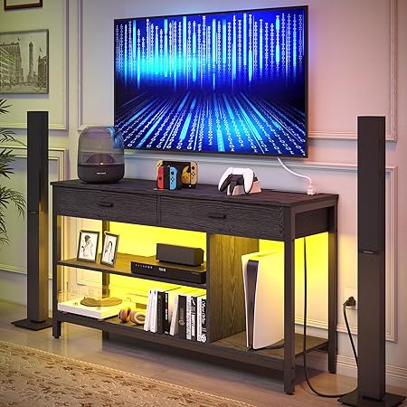 TV Stand LED Lights, Entertainment Center with Power Outlet for 55 Inch TV, Industrial