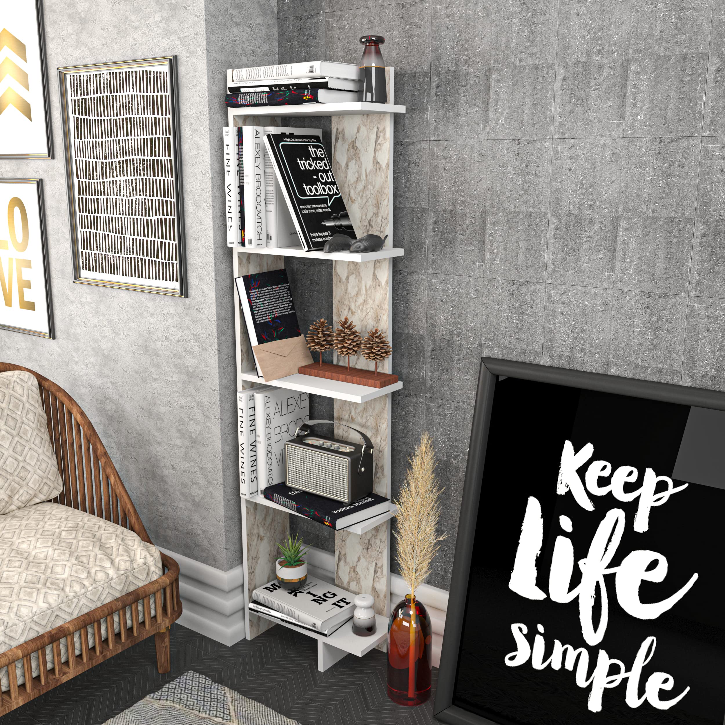 67" Tall Corner Bookcase/Bookshelf Shelving Unit (Marble/White)