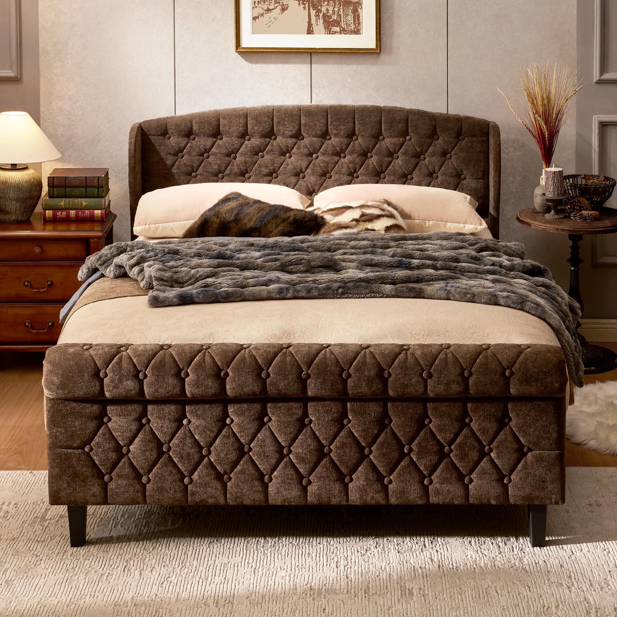 Queen Size Upholstered Platform Bed Frame with Sleigh Headboard