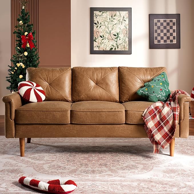 Faux Leather Mid-Century Modern Sofa for Living Room,3 Seater Couch