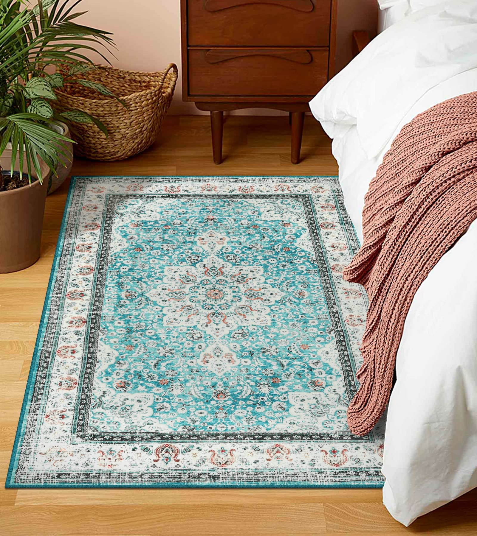 Moespace Oriental Area Rug - 3x5 Washable Rug Boho Non-Slip Indoor Rug for Kitchen Entryway, Low-Pile Front Door Mat Print Distressed Accent Rug for Bedroom Foyer Laundry Sink, Turquoise