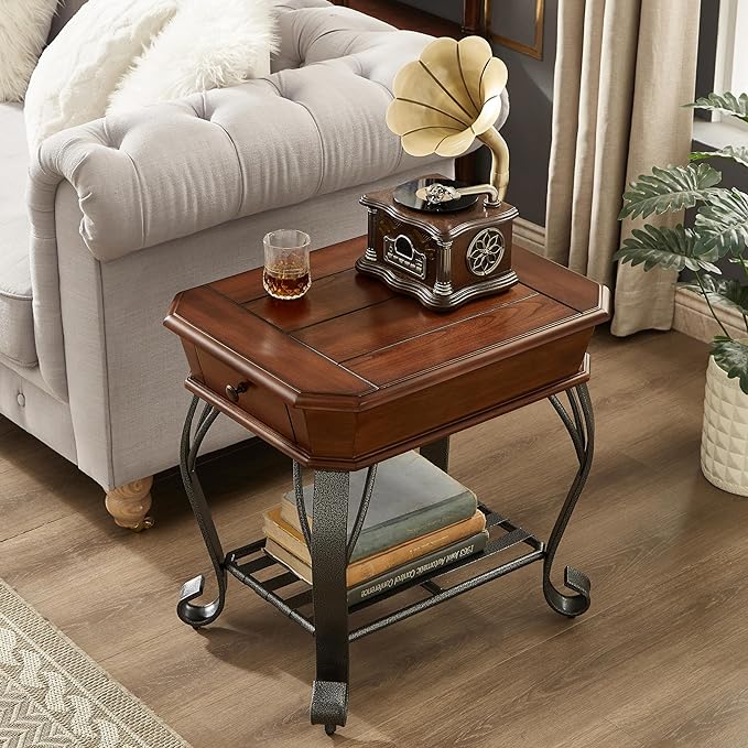 Solid Wood End Table with Drawer, Sofa Side Table with Storage Shelf