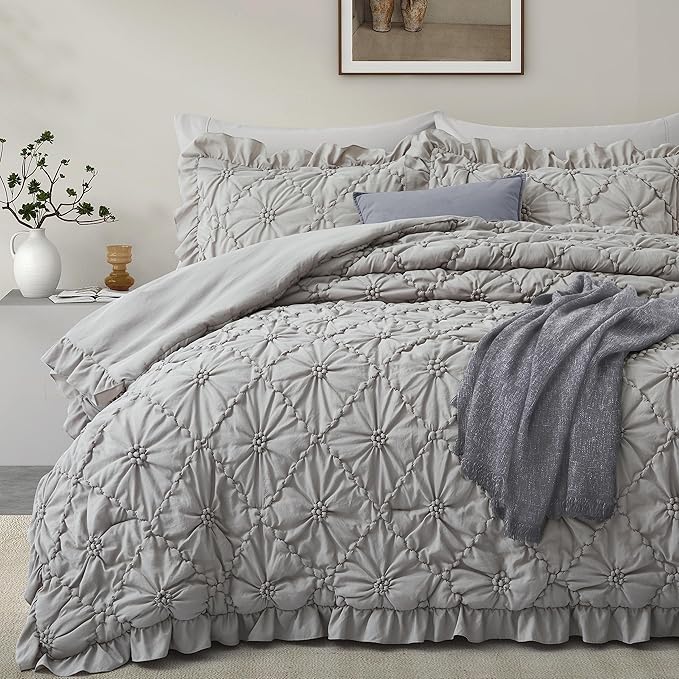King Size Comforter Sets, White Bedding Comforter Set, 3 Pieces Pinch Pleat Bedding Sets