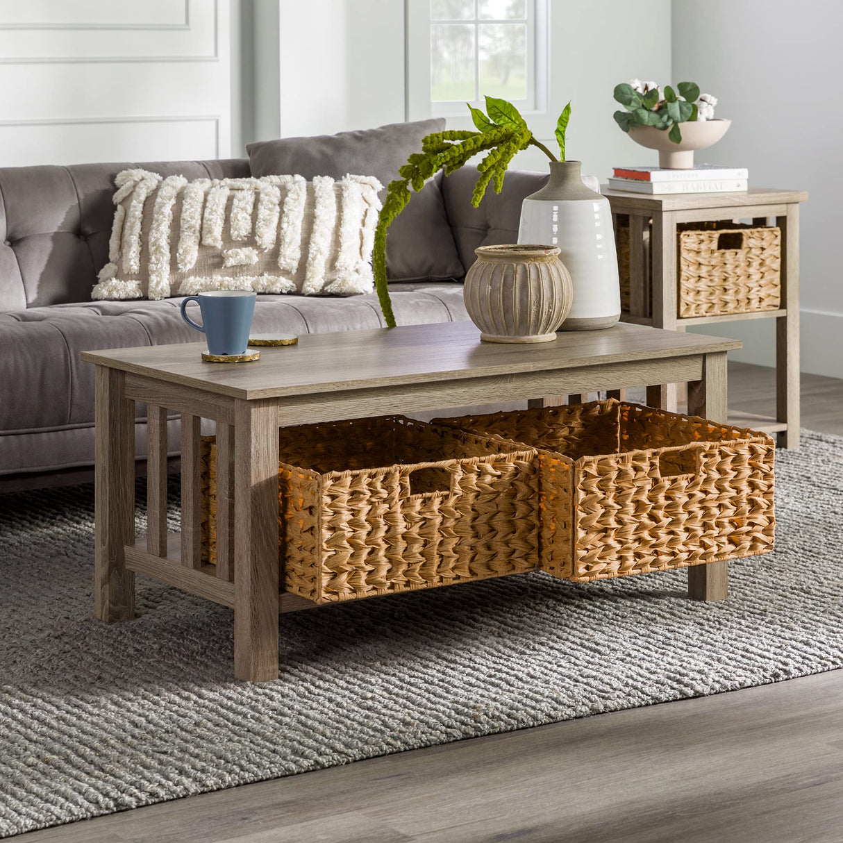 Alayna Mission Style Two Tier Coffee Table with Rattan Storage Baskets,