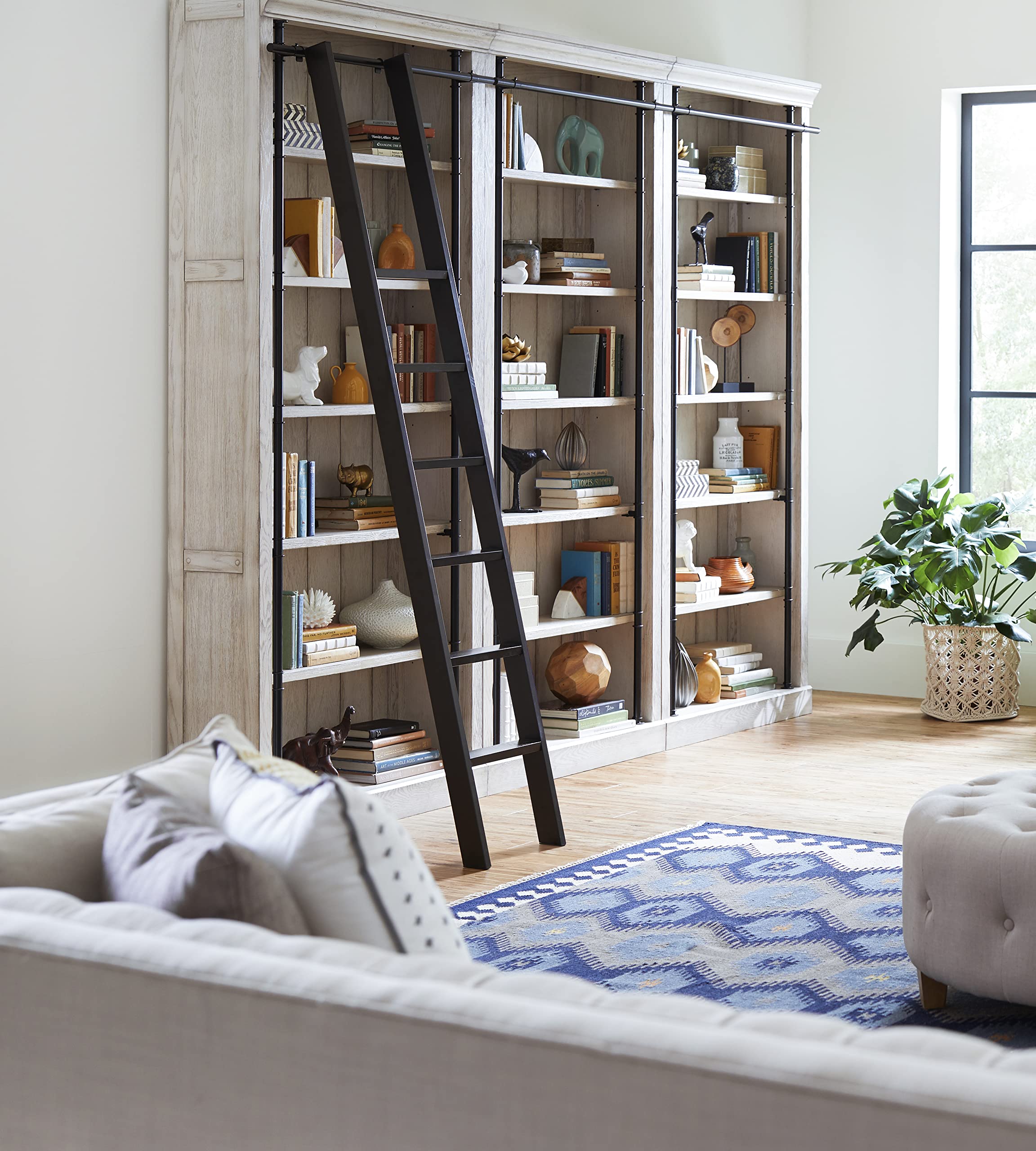 8' Tall Bookcase Wall with Ladder, Storage Organizer, Display Shelf for Office, White