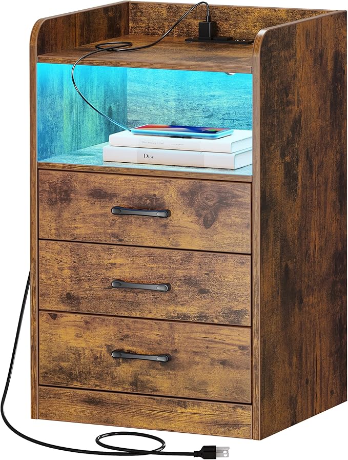 Nightstand with Charging Station and LED Light Strips, Night Stand with Drawers, End