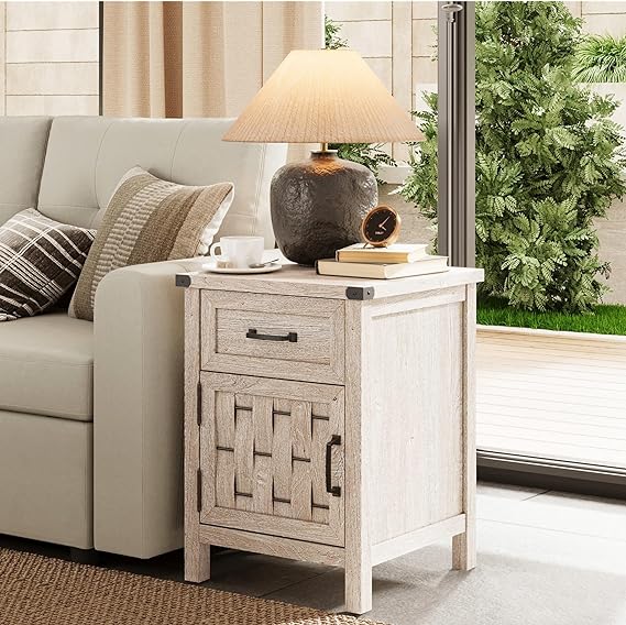 Farmhouse End Table, Side Table with Drawer and Storage Cabinet, Sofa Table