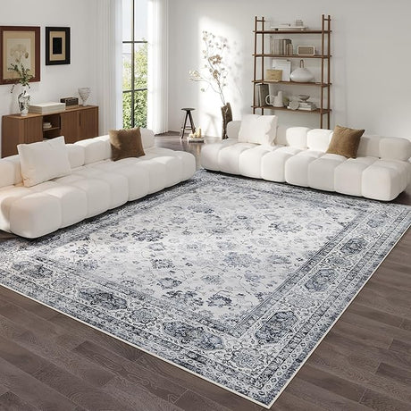 Area Rugs 8x10 Rug for Living Room Washable Boho Area Rug Non Slip Soft Vintage Low Pile Large Rug for Living Room, Bedroom, Farmhouse, Dining Room, Kids Playroom(Grey and White)