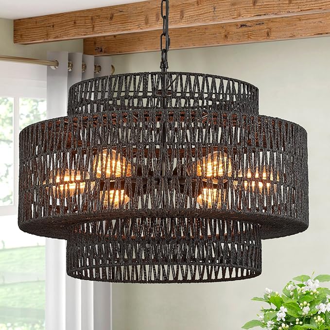 Widluth Hand-Woven Rattan Chandelier Vintage 6-Light Farmhouse Boho Bamboo Chandeliers Light Fixture 23.6" Retro 3-Tier Drum Wicker Rattan Black Chandelier for Dining Room, Kitchen Island, Bedroom