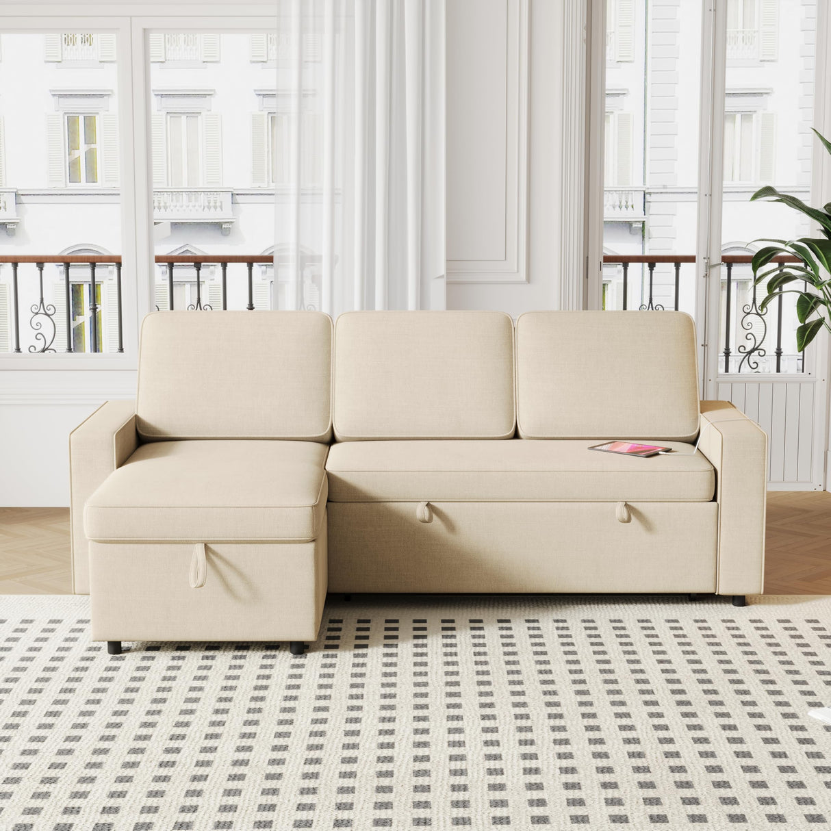 Sectional Sofa Couch, 86" Sleeper Sofa Bed with Storage Racks & Pull Out Sleeper