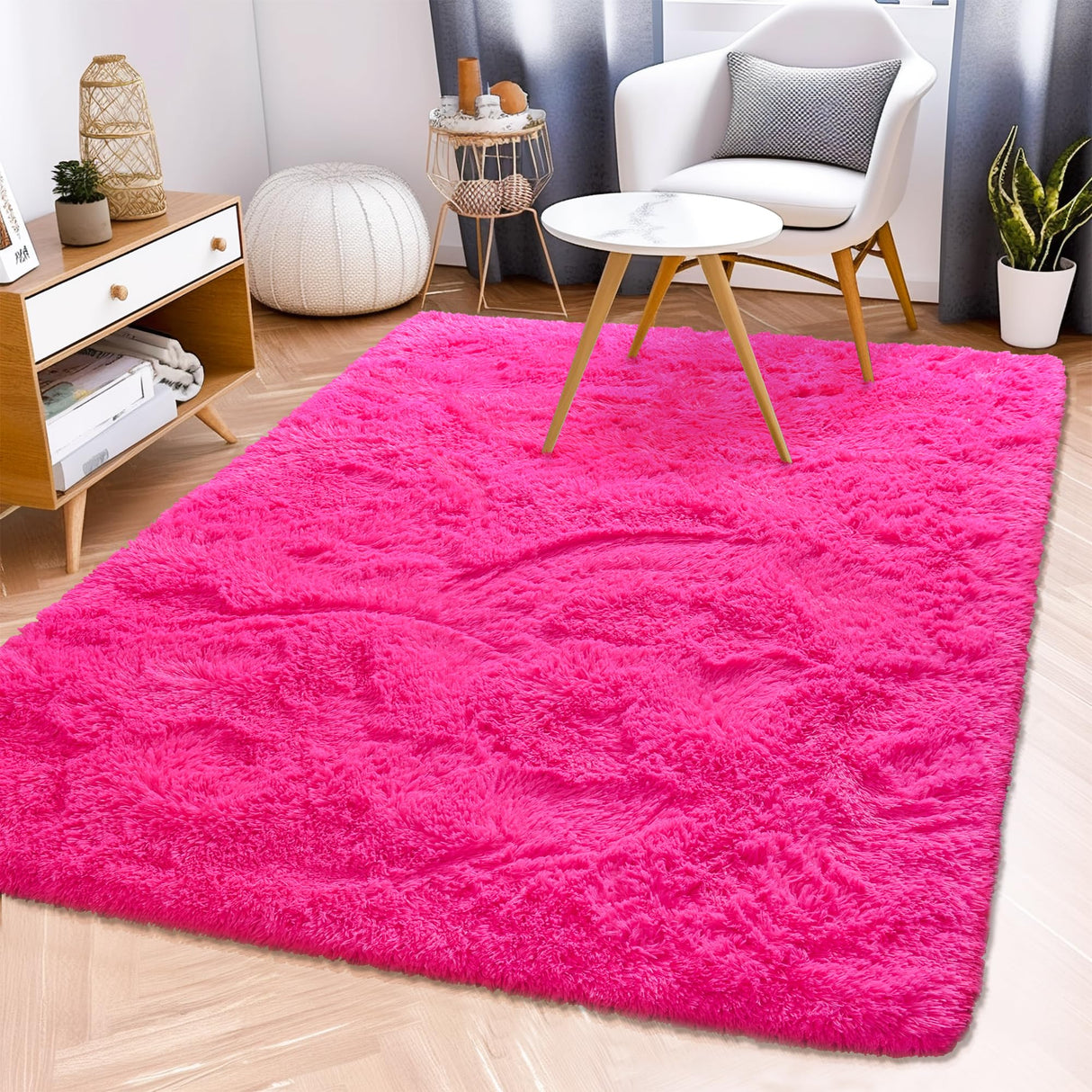 Fluffy Rug Washable 4x6 Feet, Hot Pink Fuzzy Rugs for Bedroom Girls,