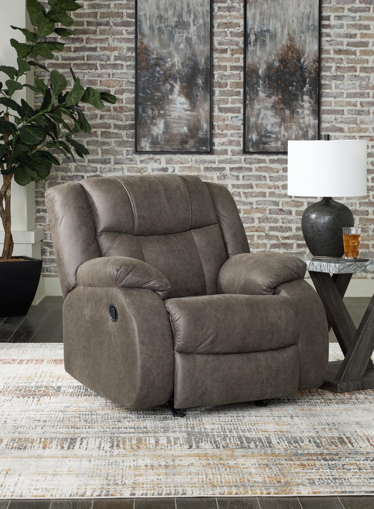 Design by Ashley First Base Modern Faux Leather Rocker Recliner, Gray