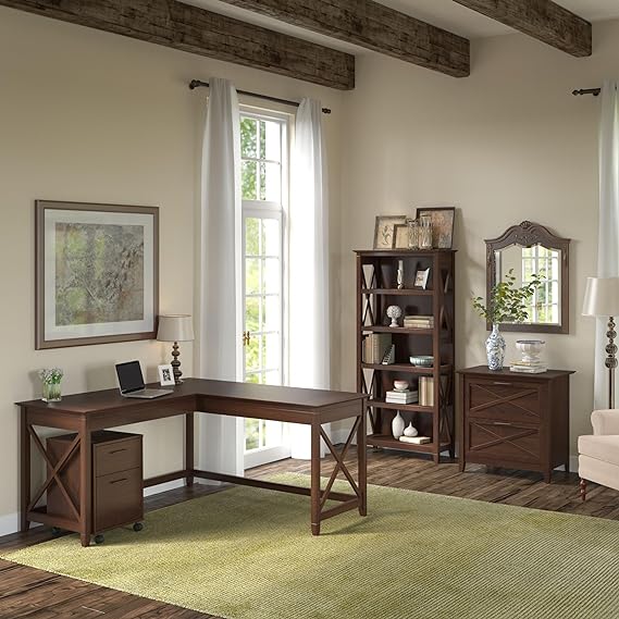 Key West 60W L-Shaped Desk | File Cabinets & 5-Shelf Bookcase