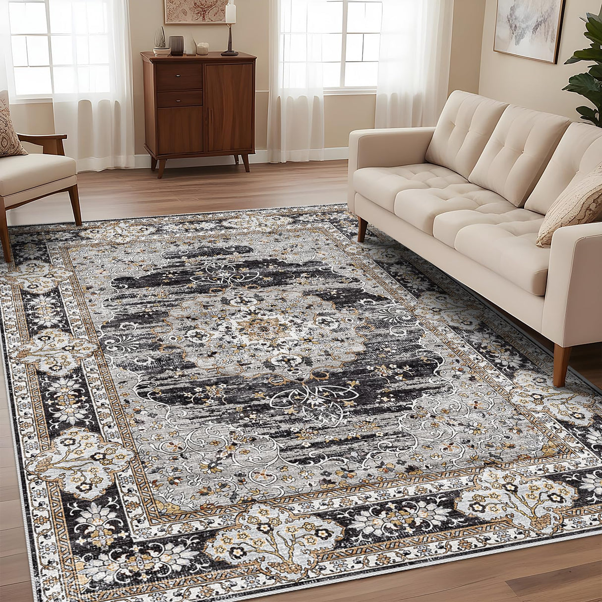 Puino 9x12 Washable Vintage Rug: Oriental Rugs for Living Room Non Slip Backing Stain Resistant Large Indoor Carpet for Bedroom Area Rug Dining Room Decor(Black,9x12FT)