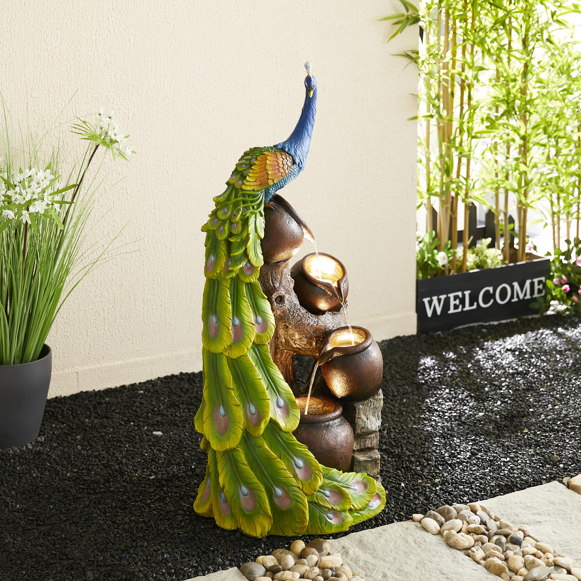 4-Tier Oversized Peacock Sculpture with Jars Outdoor Water Fountain with LED Light
