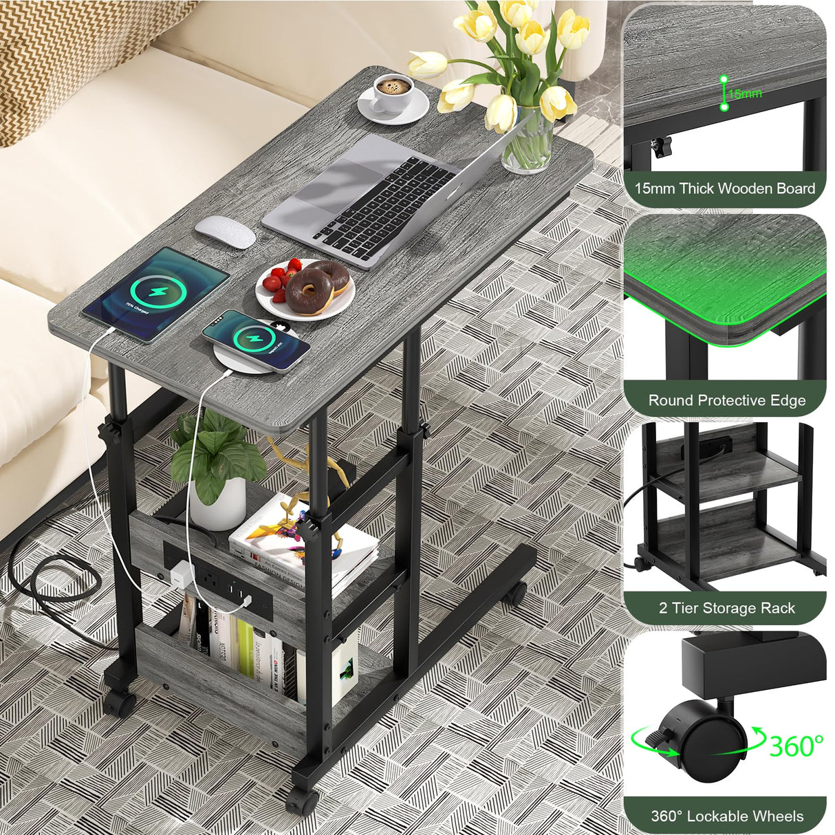 Height Adjustable C Shaped End Table with Charging Station, Mobile Laptop Side