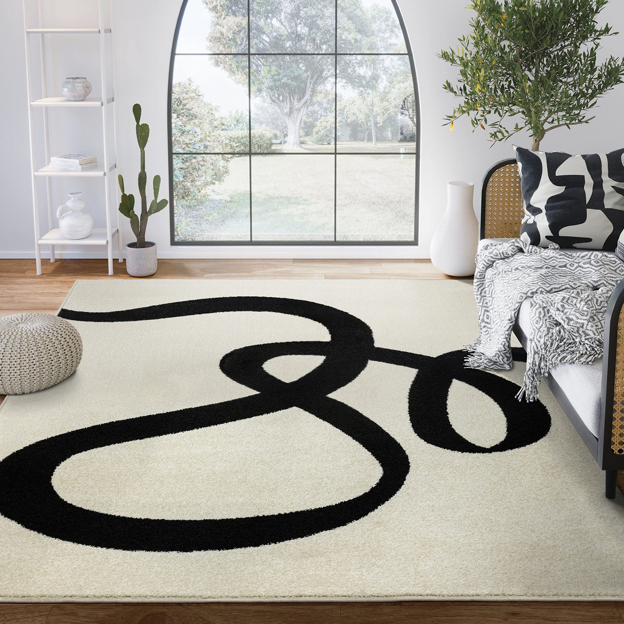 Abstract Beige/Black Area Rug - 4'x6' - Modern Curved Line Design - Deco Collection -