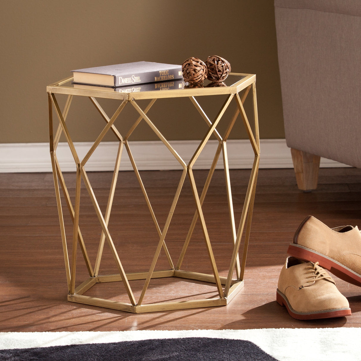 SEI Furniture Joelle Geometric Accent Table, Soft Gold, Antique Mirror - Bircata