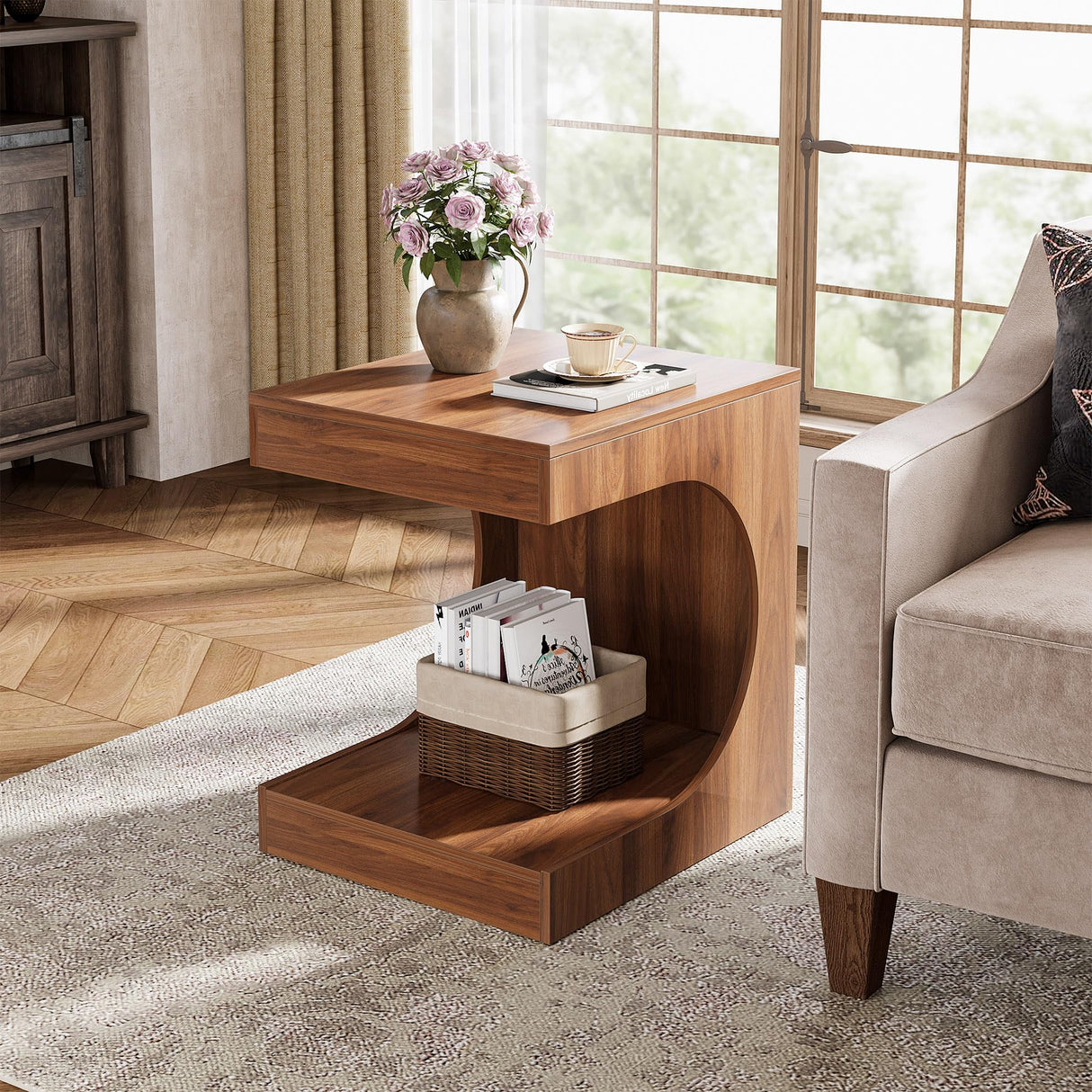 C-Shaped End Table for Couch, Wooden 2-Tier Side Table, Small Sofa Table