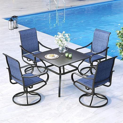 ,4 Sling Dining Swivel Chairs and 48" Round Metal Wood