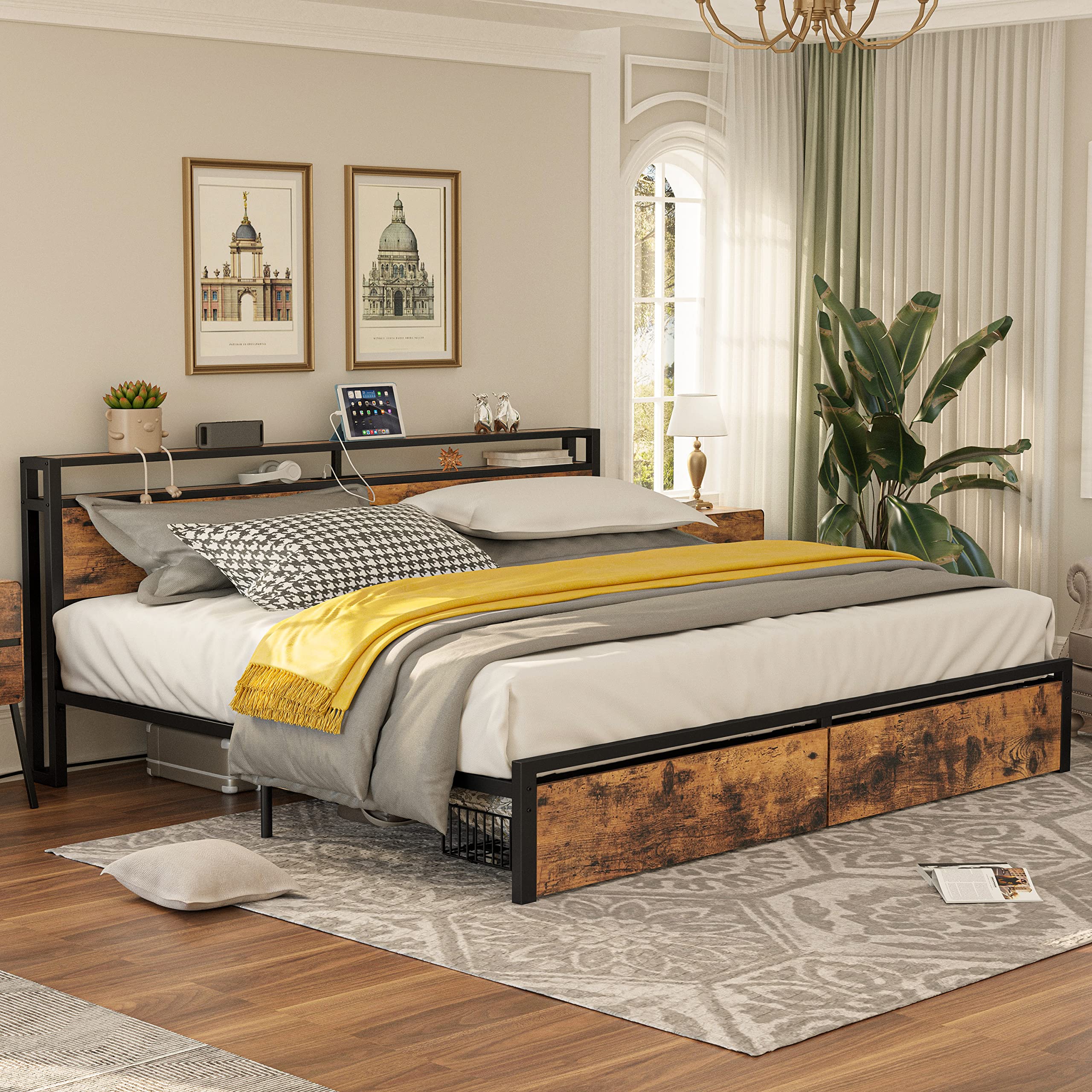 King Bed Frame with Storage Headboard, Platform Bed with Drawers and Charging Station,