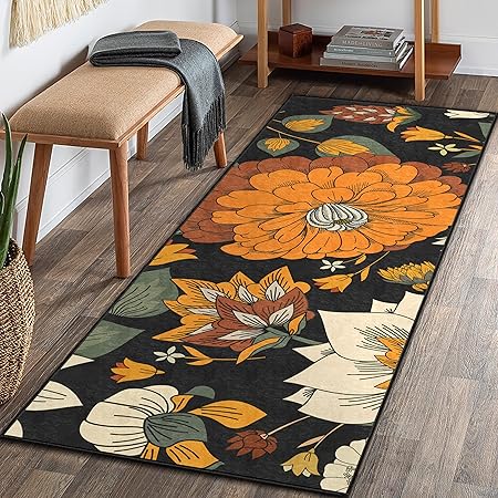 Black Boho Floral Hallway Runner Rug Washable Carpet 2x6 Non Slip & Low