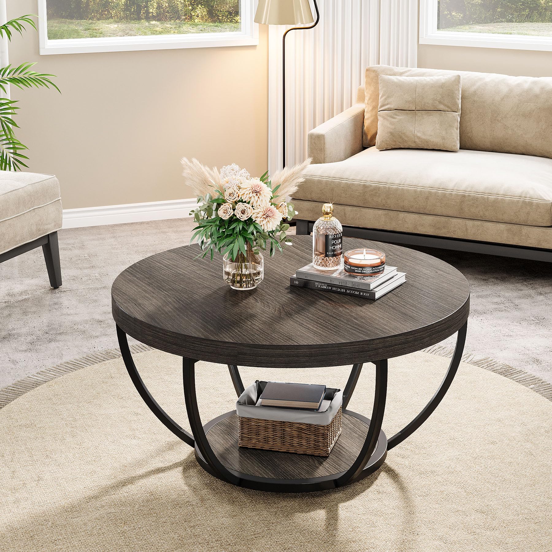 Round Coffee Table, 31.7" Wooden 2-Tier Circle Coffee Table with Storage Shelves