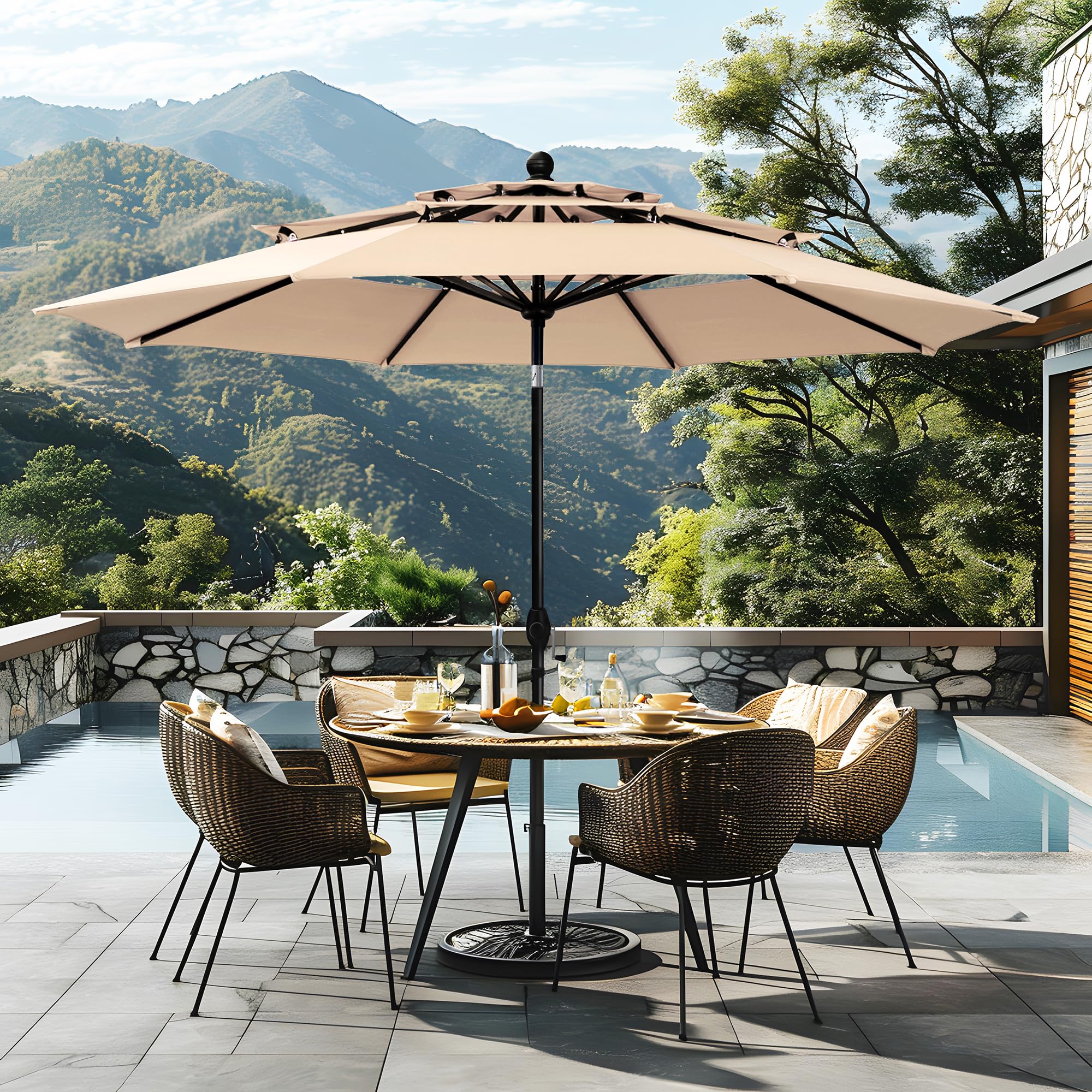 Sophia & William 10ft 3 Tier Auto-tilt Patio Umbrella, Outdoor Double Vented Umbrella with Crank, Beige