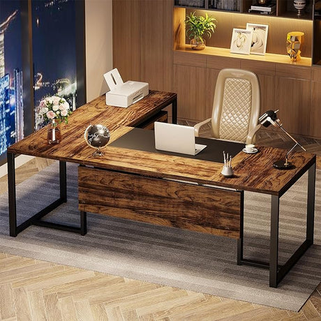 70.8" L-Shaped Executive Desk with Drawer Cabinet, Large Executive Office Desk