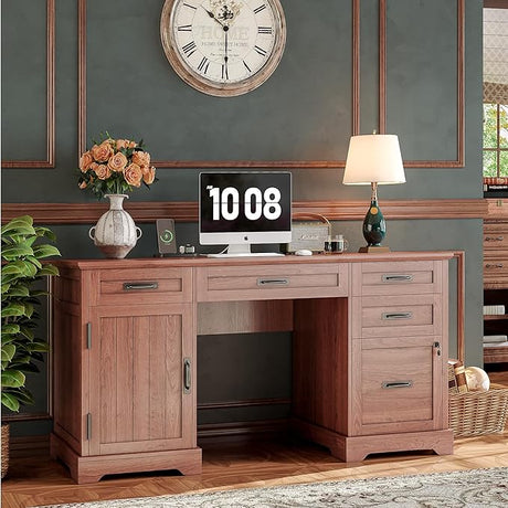 55'' Farmhouse Executive Desk with File Cabinet, Home Office Wood Computer Desk