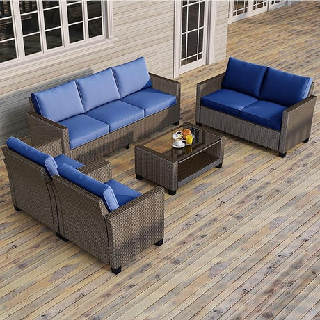 Patio Furniture Set 5 Pieces, Outdoor Seating Furniture with 7 Seat and Glass Coffee Table